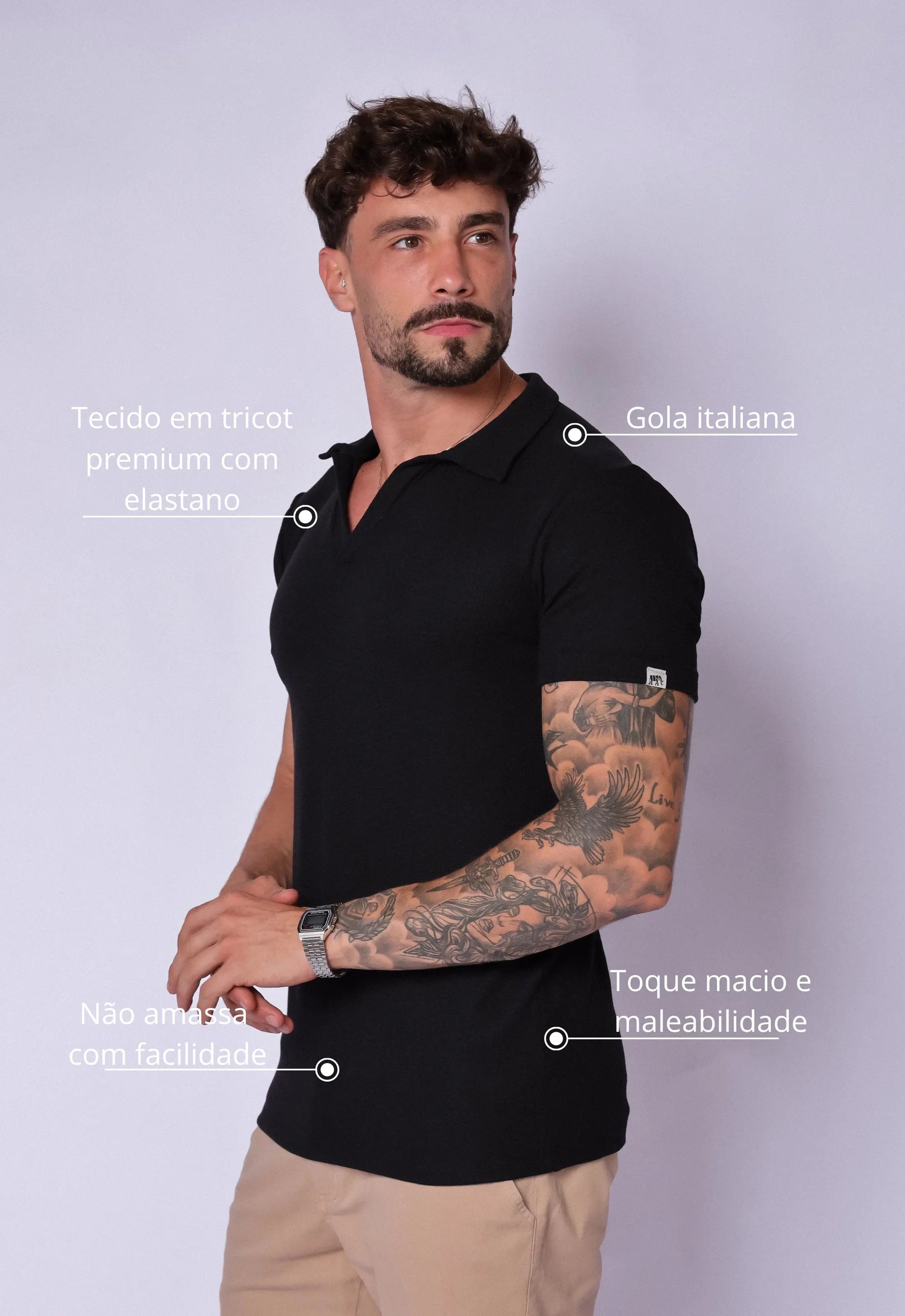 Camisa Polo Italiana Tricot Preta